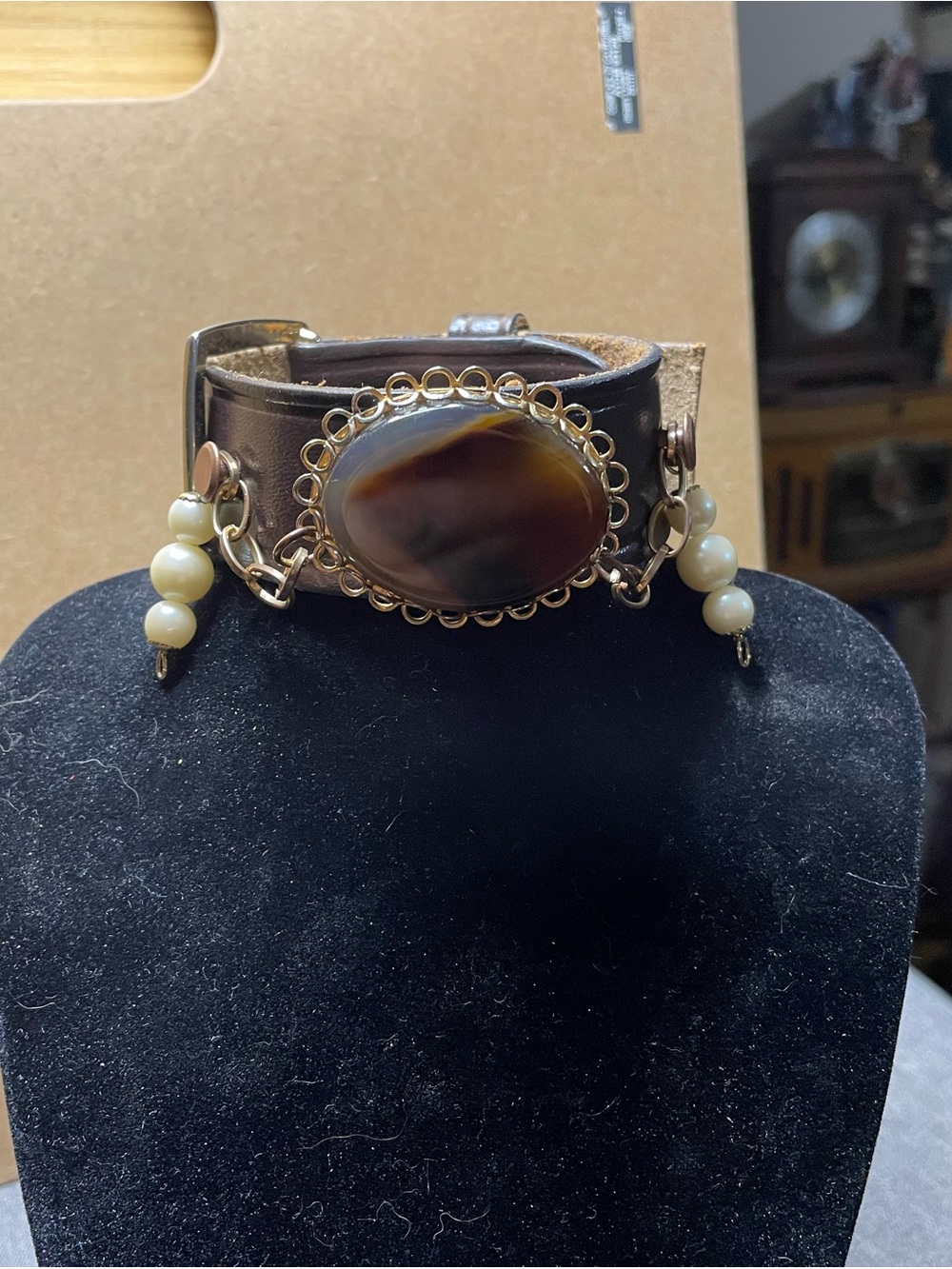 Brown Leather Cuff Bracelet  Marbled Brown Stone and Pearl Drops Up Cycled